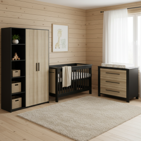 Born Lucky Babykamer 3-Delig Zwart Eiken Baby Bed Oxford + Commode Oxford + Kledingkast Reno