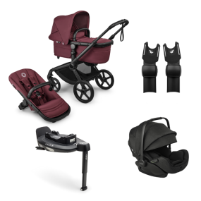 Bugaboo Kinderwagen 3 in 1 Fox 5 Renew Complete Black | Dark Cherry + Bugaboo Autostoel Otter by Nuna Groep 0 + Draaibare Isofix Base 360 + Autostoel adapters