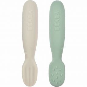 Beaba Set Van 2 Siliconen Oefenlepels Sage Green/Velvet Grey