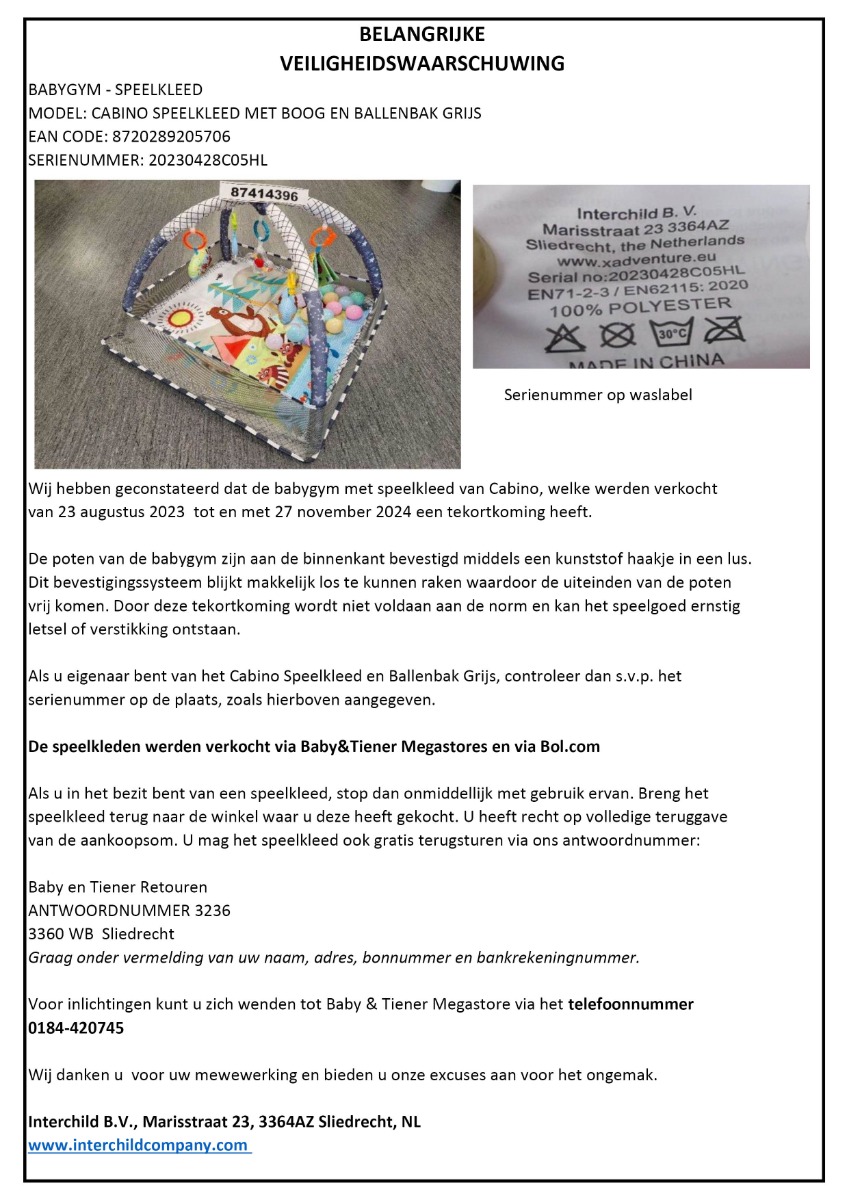 Productwaarschuwing Cabino speelkleed